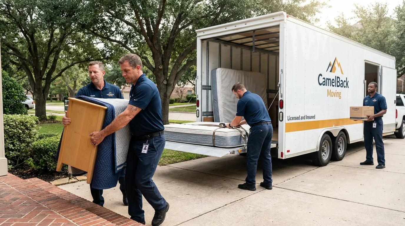 Crew loading residential truck for cross-state move from Fort Hall, ID