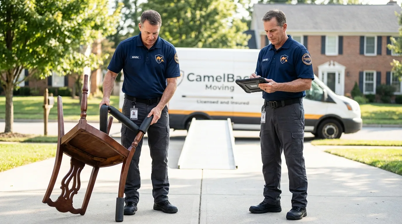 Movers inspecting furniture for damage prevention before loading in Fort Hall, ID