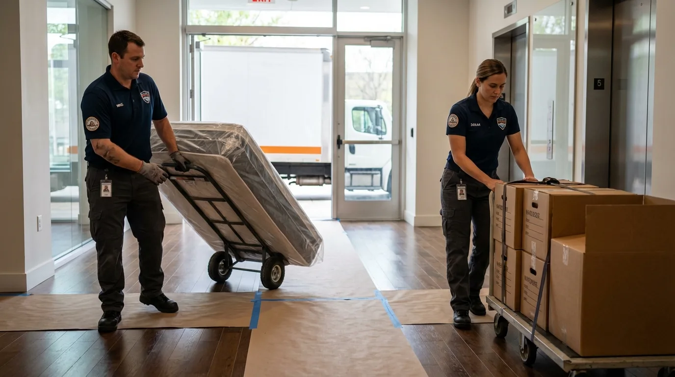 Professional apartment movers loading elevator in Fort Hall, ID